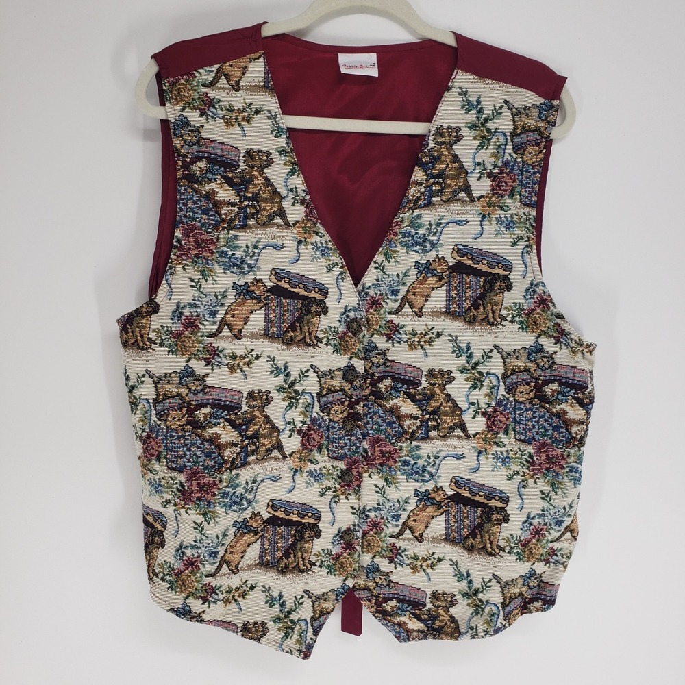 Vintage 90s Tapestry Animal Print Vest Women XL Burgundy Cat Scottie Dog Floral